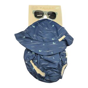 Tahari Blue Swim Set infant 0-3 Months Swimper, Hat, Sunglasses NEW WITH TAGS